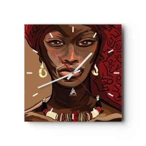 Wanduhr - Glasuhr - Porträt einer Frau mit rotem Turban auf beigem Hintergrund - 30x30cm - Venus aus Ebenholz  - Moderne Wanddekoration für Wohnzimmer und Schlafzimmer ARTTOR