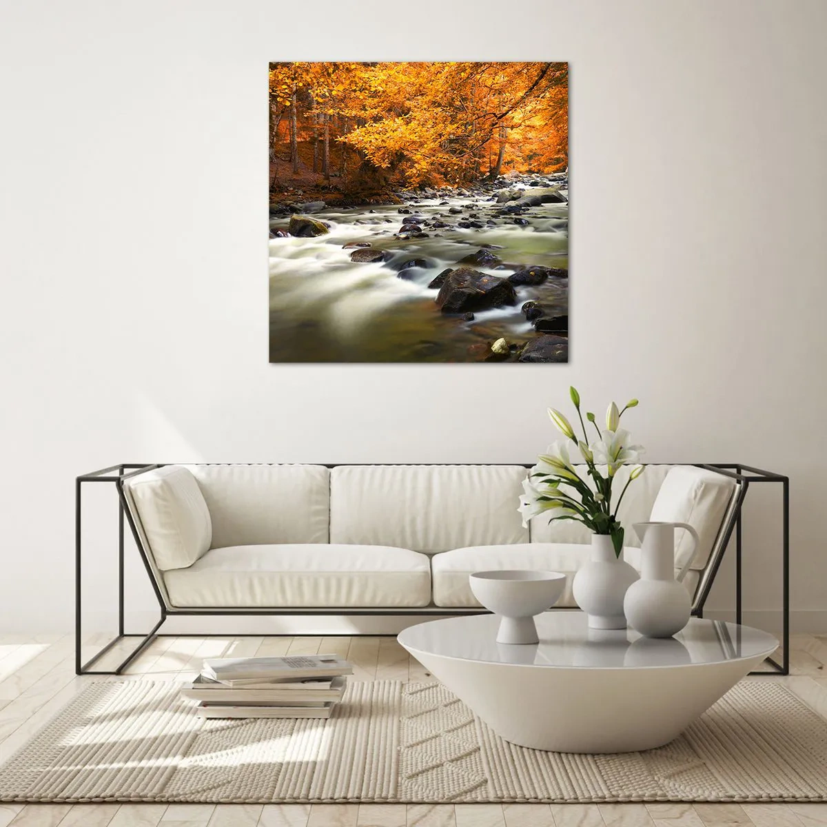 Glasbild - Bild auf glas - Ein Bach in einem goldenen Wald - 40x40 cm