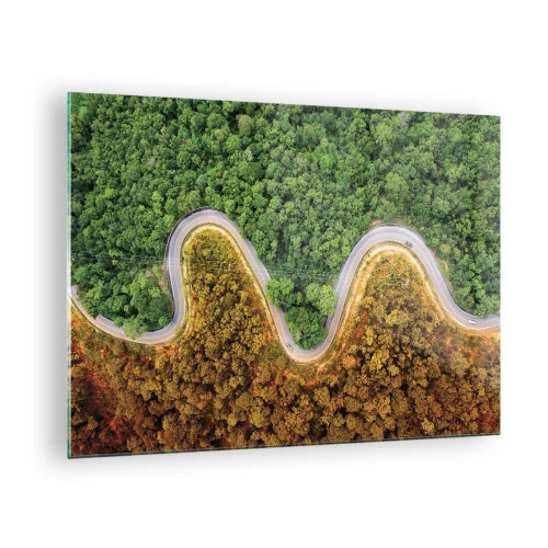 Glasbild - Bild auf glas - Eine kurvenreiche Straße durch einen dichten Wald aus der Vogelperspektive gesehen - 70x50cm - Grenzen und Durchbrüche - Moderne Wanddekoration für Wohnzimmer und Schlafzimmer ARTTOR