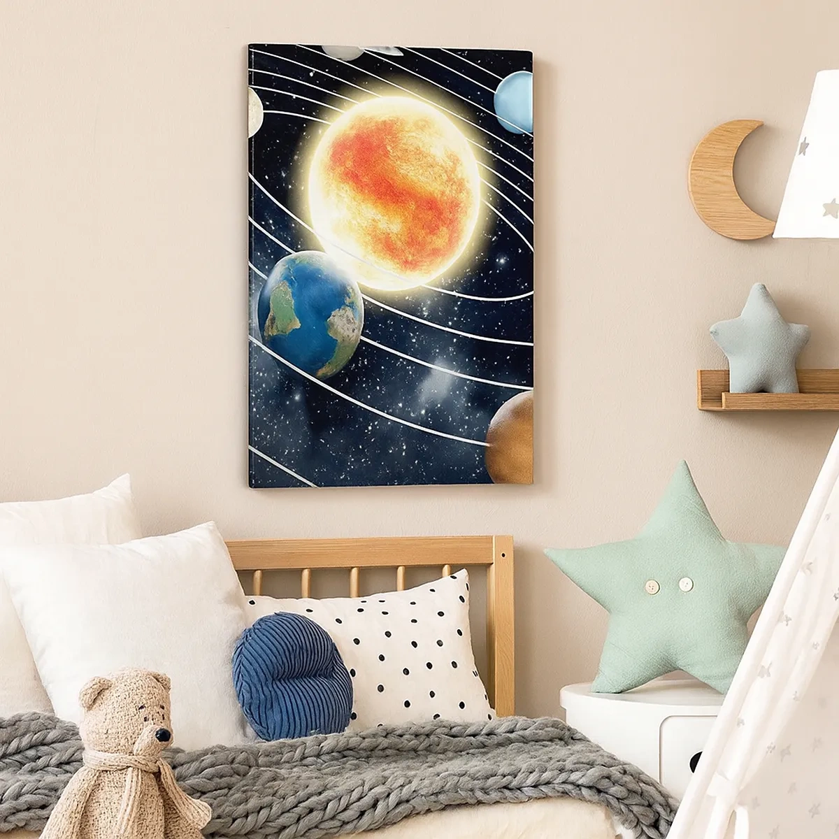 Bild auf Leinwand - Leinwandbild - Sonnensystem mit Planeten und Sonne im Weltraum - 50x70cm - Kosmischer Tanz - Moderne Wanddekoration für Wohnzimmer und Schlafzimmer ARTTOR