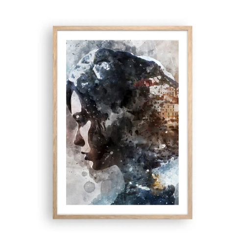 Poster in einem Rahmen aus heller Eiche - Eine Geschichte über ein Mädchen mit einer Stadt im Hintergrund - 50x70 cm