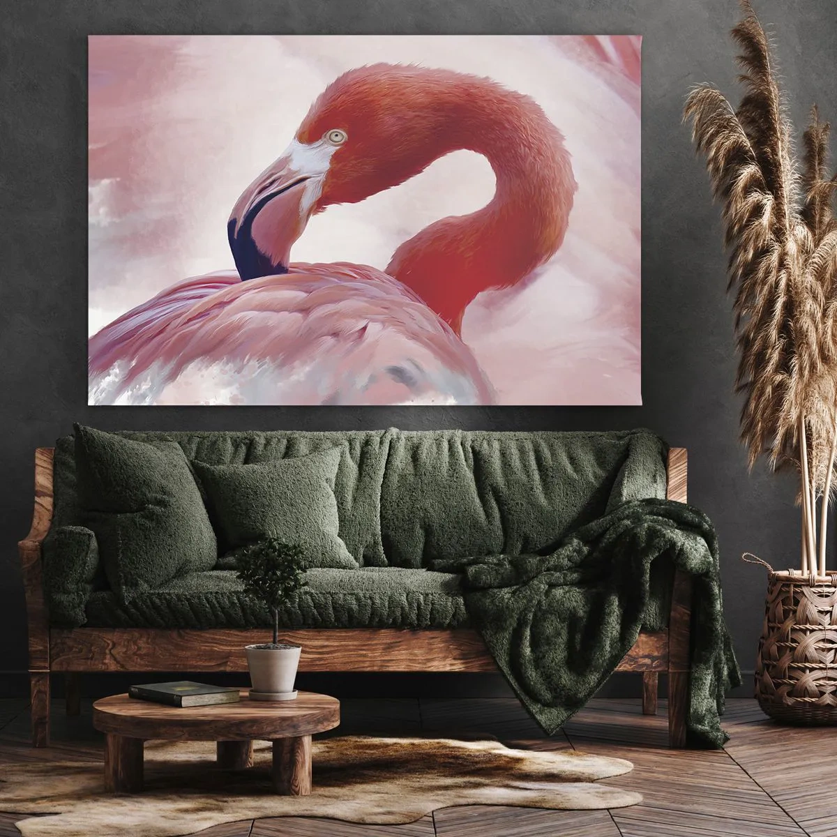 Bild auf Leinwand - Leinwandbild - Ein Flamingo in Rosatönen auf hellem Hintergrund - 70x50cm - Vogel Schönheit - Moderne Wanddekoration für Wohnzimmer und Schlafzimmer ARTTOR