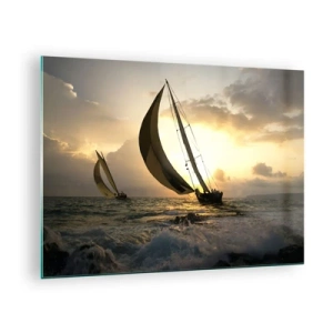 Glasbild - Bild auf glas - Segelboote in stürmischer See bei Sonnenuntergang - 70x50cm - Mit dem Wind und gegen den Wind - Moderne Wanddekoration für Wohnzimmer und Schlafzimmer ARTTOR