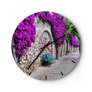 Wanduhr - Glasuhr - Eine Straße mit einer Steinmauer und lila Blumen - 30x30cm - Lass uns so schnell wie möglich treffen - Moderne Wanddekoration für Wohnzimmer, Küche und Schlafzimmer ARTTOR