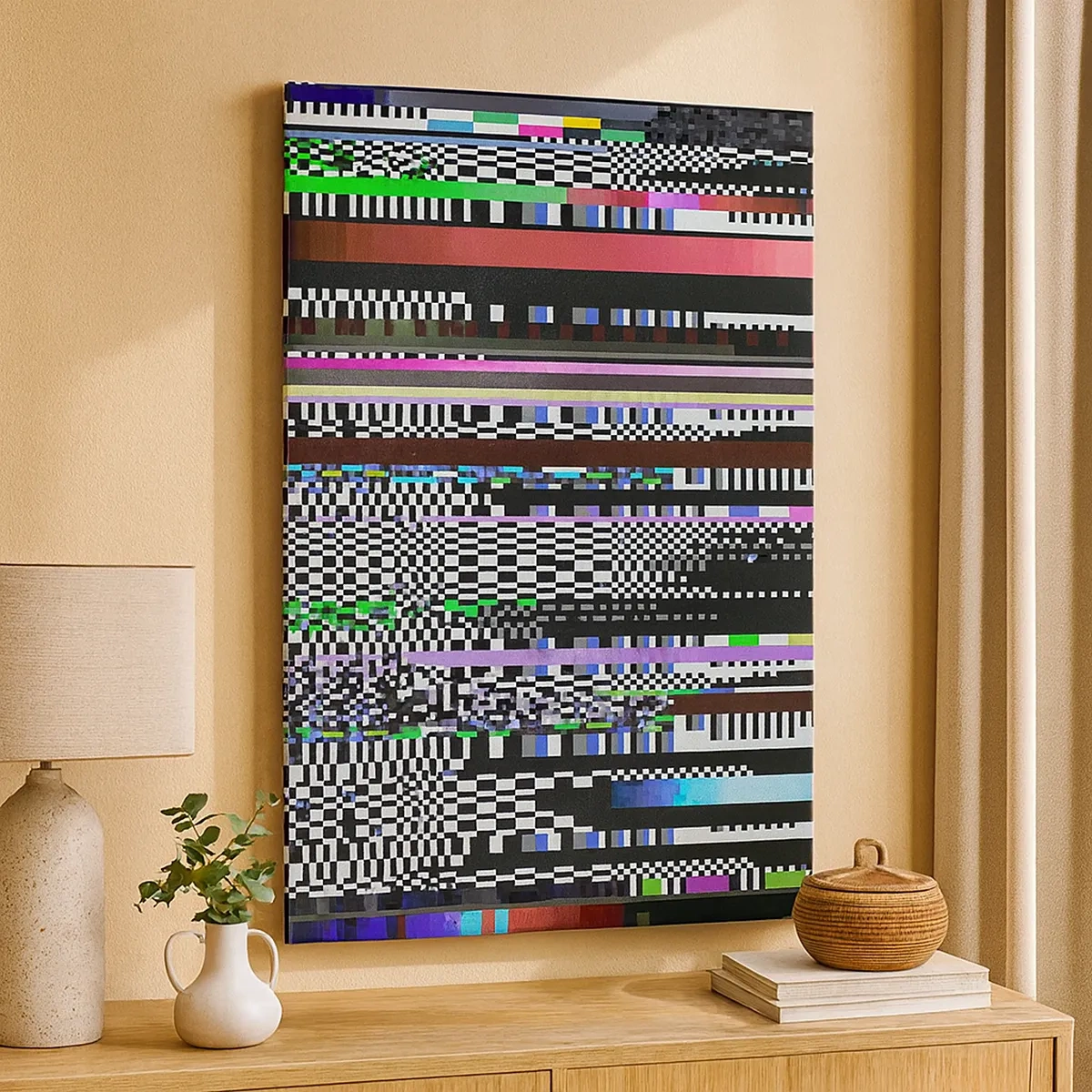 Bild auf Leinwand - Leinwandbild - Bunte Linien und Pixel im abstrakten Stil - 50x70cm - Das Kontrollbild der Realität - Moderne Wanddekoration für Wohnzimmer und Schlafzimmer ARTTOR