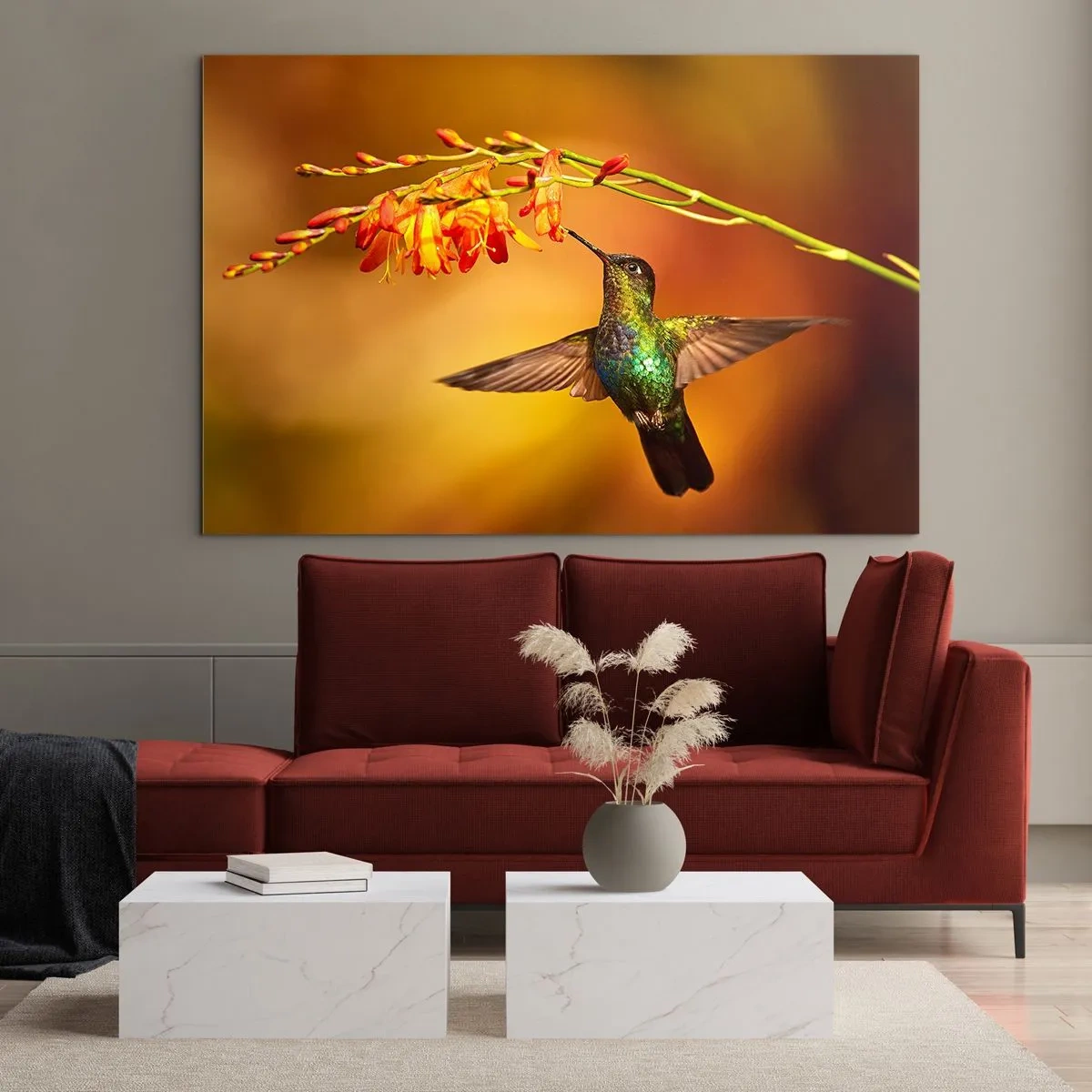 Glasbild - Bild auf glas - Kolibri neben Blumen in goldenem Glanz - 120x80cm - Ein Lichtbote nach den Maya - Moderne Wanddekoration für Wohnzimmer und Schlafzimmer ARTTOR