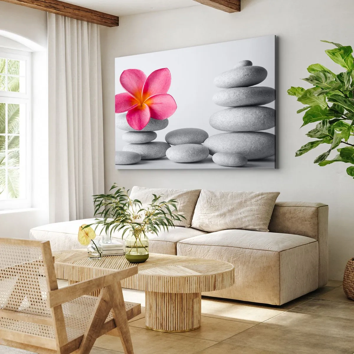Bild auf Leinwand - Leinwandbild - Rosa Blume auf Steinen im Zen-Stil - 120x80cm - Stein auf Stein und auf diesem Stein... - Moderne Wanddekoration für Wohnzimmer und Schlafzimmer ARTTOR