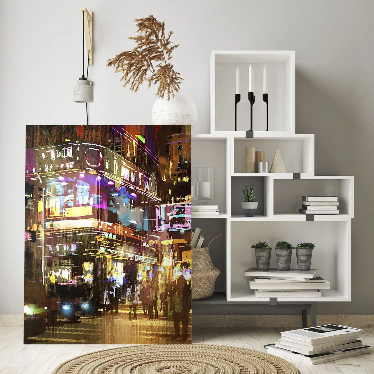 Glasbild - Bild auf glas - Eine pulsierende Stadt bei Nacht im Neonlicht - 70x100cm - In einem Lichtermeer - Moderne Wanddekoration für Wohnzimmer und Schlafzimmer ARTTOR