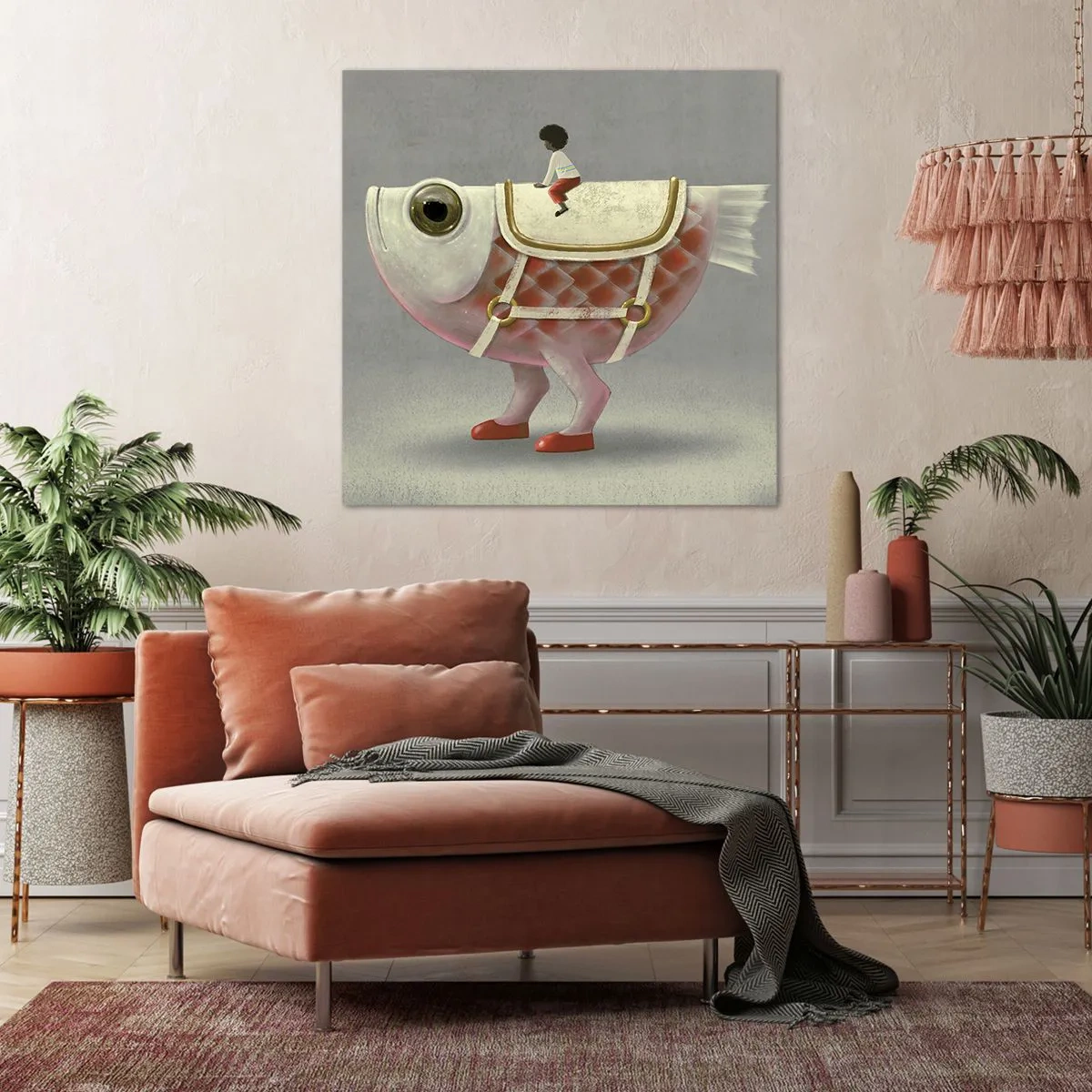 Bild auf Leinwand - Leinwandbild - Reiter auf einem surrealen Fisch - 30x30 cm