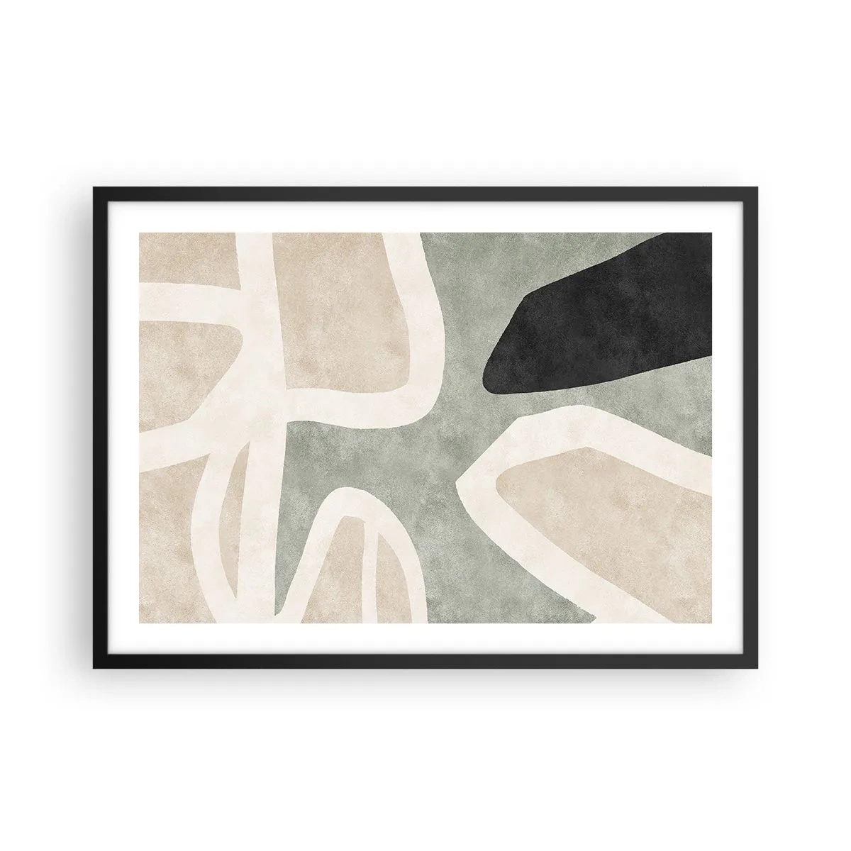 Poster in einem schwarzem Rahmen - Abstrakte Formen in gedämpften Farben - 70x50cm - Komposition mit schwarzem Motiv - Moderne Wanddekoration für Wohnzimmer und Schlafzimmer ARTTOR