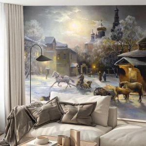Fototapete Premium Canvas - Winterlandschaft in einer russischen Stadt mit Schlitten und Kirche - 100x70cm - Die Magie des russischen Winters - Moderne Wanddekoration für Wohnzimmer und Schlafzimmer ARTTOR