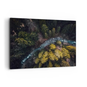 Bild auf Leinwand - Leinwandbild - Ein Blick von oben auf einen Wald mit einem gewundenen Fluss - 120x80cm - Schnell und immer schneller - Moderne Wanddekoration für Wohnzimmer und Schlafzimmer ARTTOR