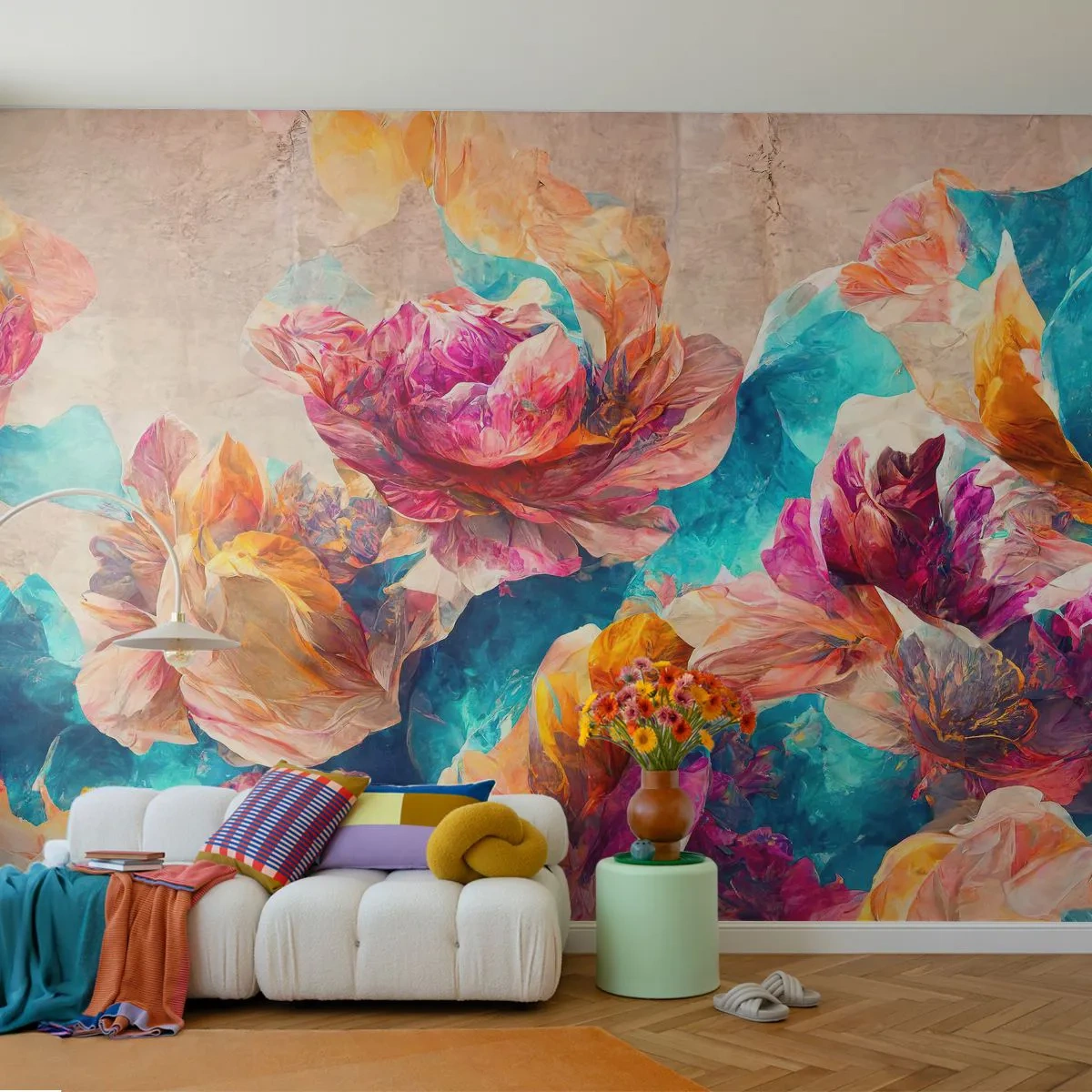 Fototapete Premium Sand - Bunte Blumen vor einem türkisfarbenen abstrakten Hintergrund - 100x70cm - Farbenpracht des Straußes - Moderne Wanddekoration für Wohnzimmer und Schlafzimmer ARTTOR