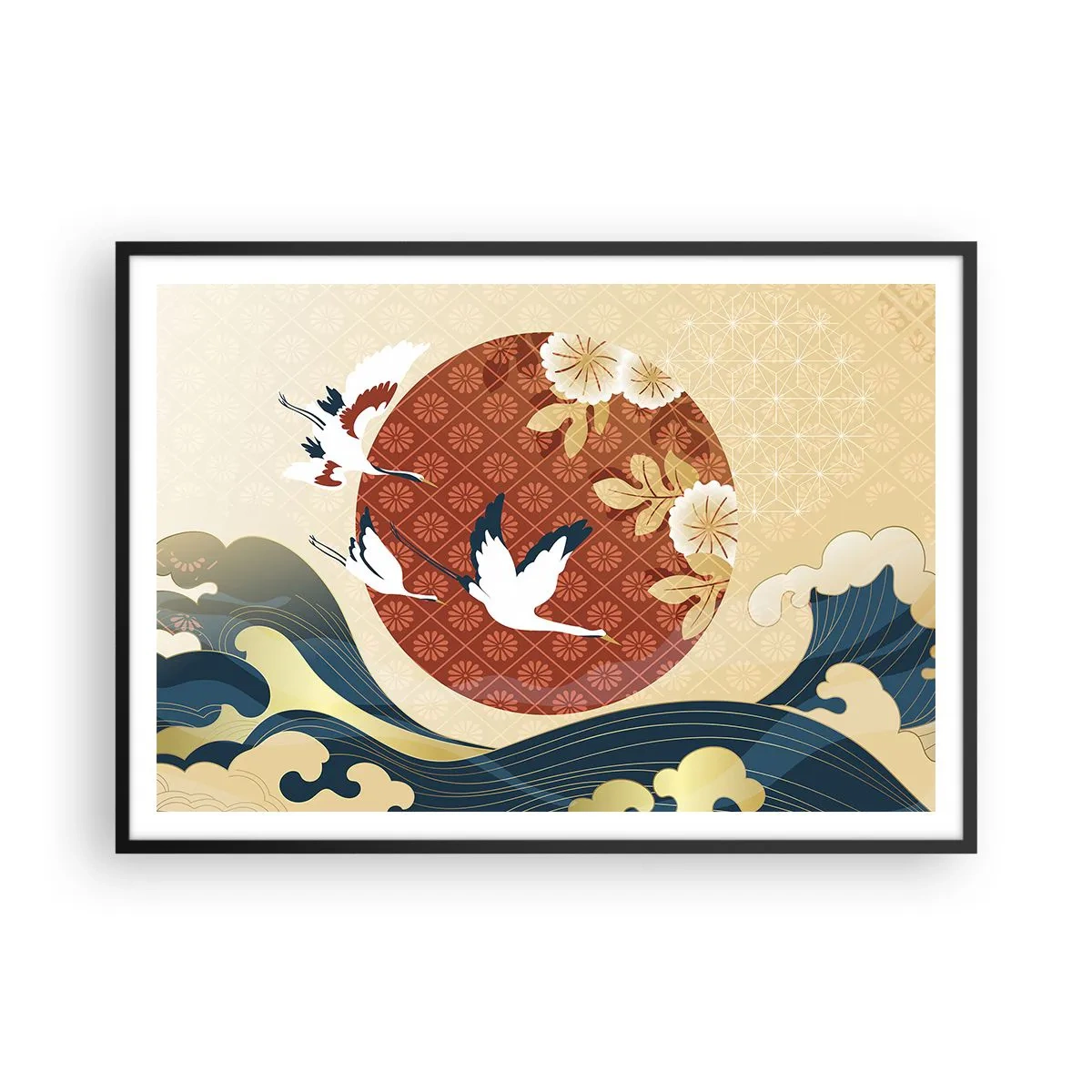 Poster in einem schwarzem Rahmen - Japanische Komposition mit Kranichen und Wellen - 100x70cm - Japanisches Märchen - Moderne Wanddekoration für Wohnzimmer und Schlafzimmer ARTTOR