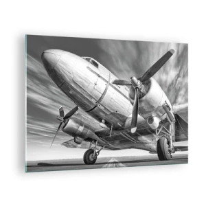 Glasbild - Bild auf glas - Ein schwarz-weißes Propellerflugzeug auf der Landebahn - 70x50cm - Immer flugbereit - Moderne Wanddekoration für Wohnzimmer und Schlafzimmer ARTTOR
