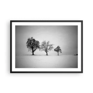 Poster in einem schwarzem Rahmen - Drei Bäume auf einem schneebedeckten Feld im monochromen Stil - 70x50cm - Wovon träumen sie? - Moderne Wanddekoration für Wohnzimmer und Schlafzimmer ARTTOR