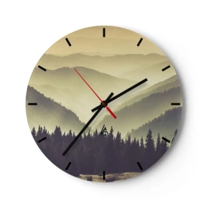 Wanduhr - Glasuhr - Bewaldete Hügel mit Blick auf eine neblige Landschaft - 30x30cm - Hinter den sieben Bergen ... - Moderne Wanddekoration für Wohnzimmer, Küche und Schlafzimmer ARTTOR