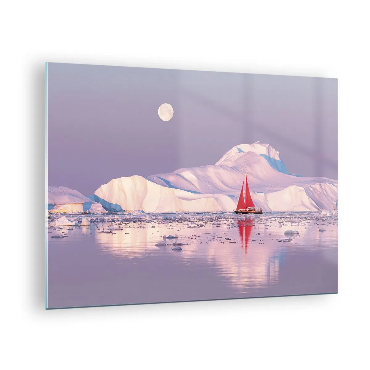 Glasbild - Bild auf glas - Ein Segelboot vor der Kulisse von Gletschern im Mondlicht - 70x50cm - Die Hitze des Segels, die Kälte des Eises - Moderne Wanddekoration für Wohnzimmer und Schlafzimmer ARTTOR
