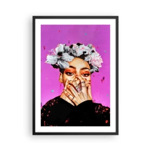 Poster in einem schwarzem Rahmen - Ein ausdrucksstarkes Frauenporträt vor einem intensiv rosa Hintergrund. - 50x70cm - Bisschen verrückt - Moderne Wanddekoration für Wohnzimmer und Schlafzimmer ARTTOR