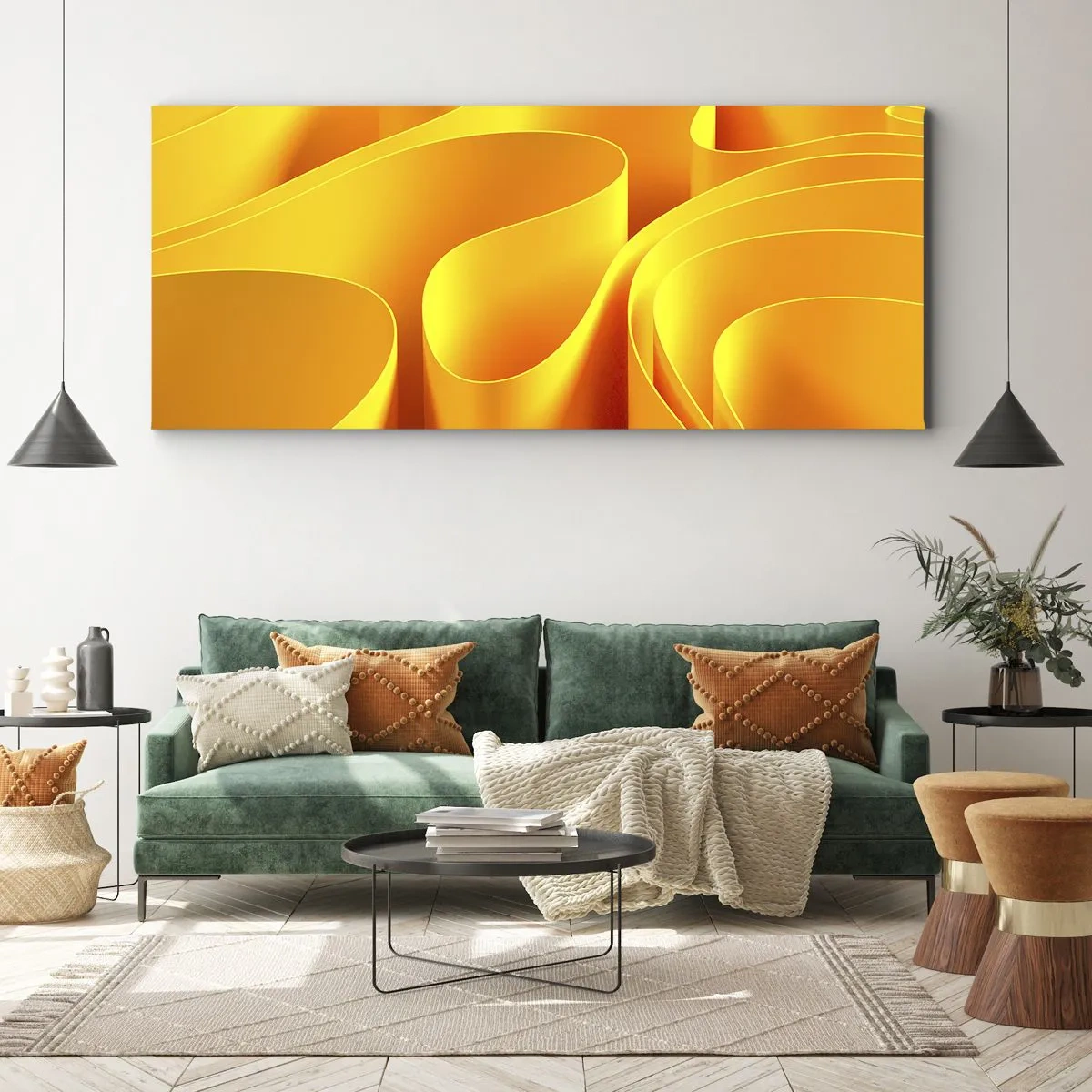 Bild auf Leinwand - Leinwandbild - Gelbe abstrakte Wellen, die Sonnenstrahlen ähneln - 160x50cm - Wie Sonnenwellen - Moderne Wanddekoration für Wohnzimmer und Schlafzimmer ARTTOR
