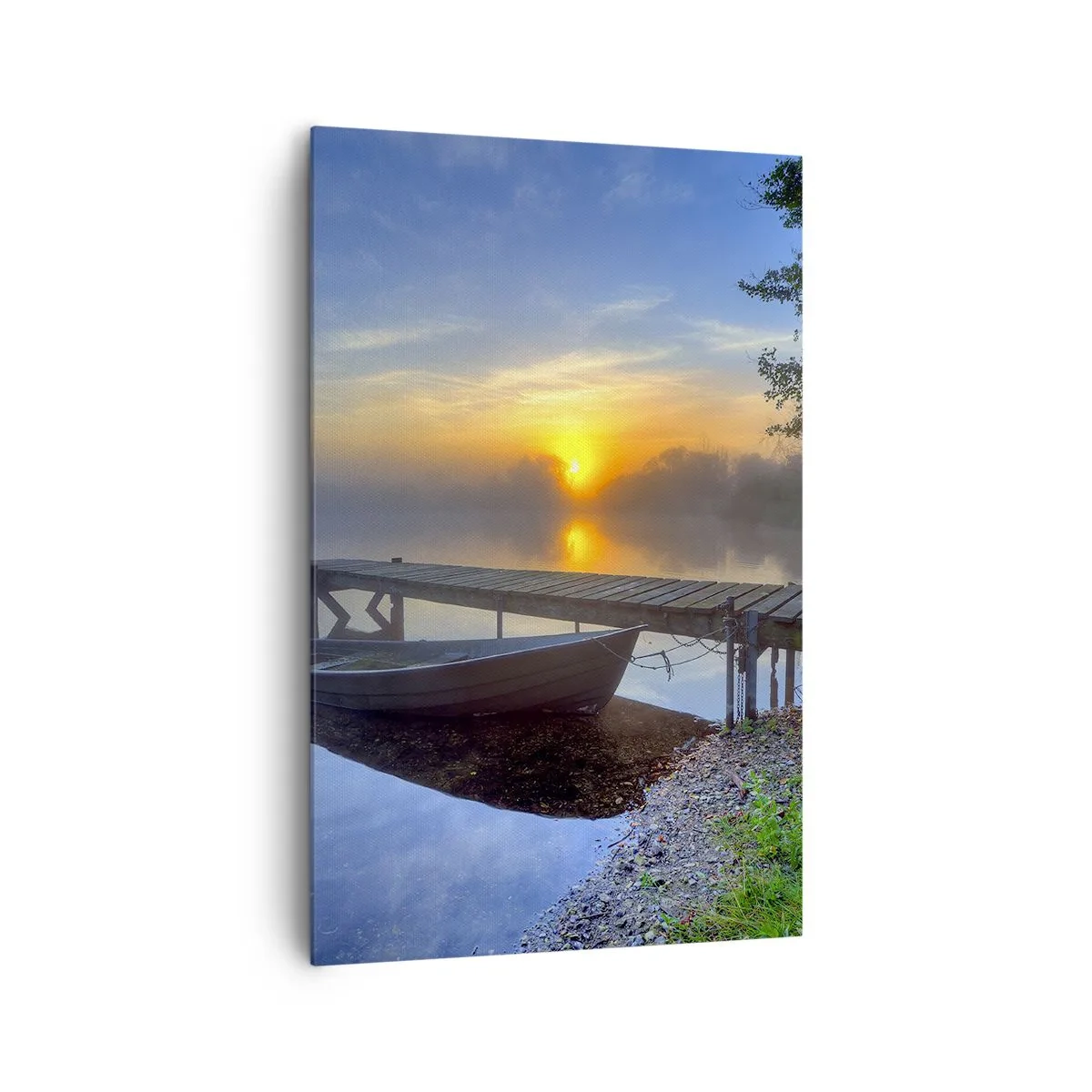 Bild auf Leinwand - Leinwandbild - Ein Seesteg bei Sonnenaufgang mit einem Boot am Ufer - 80x120cm - Wie aus Gewöhnlichem Magie wird - Moderne Wanddekoration für Wohnzimmer und Schlafzimmer ARTTOR