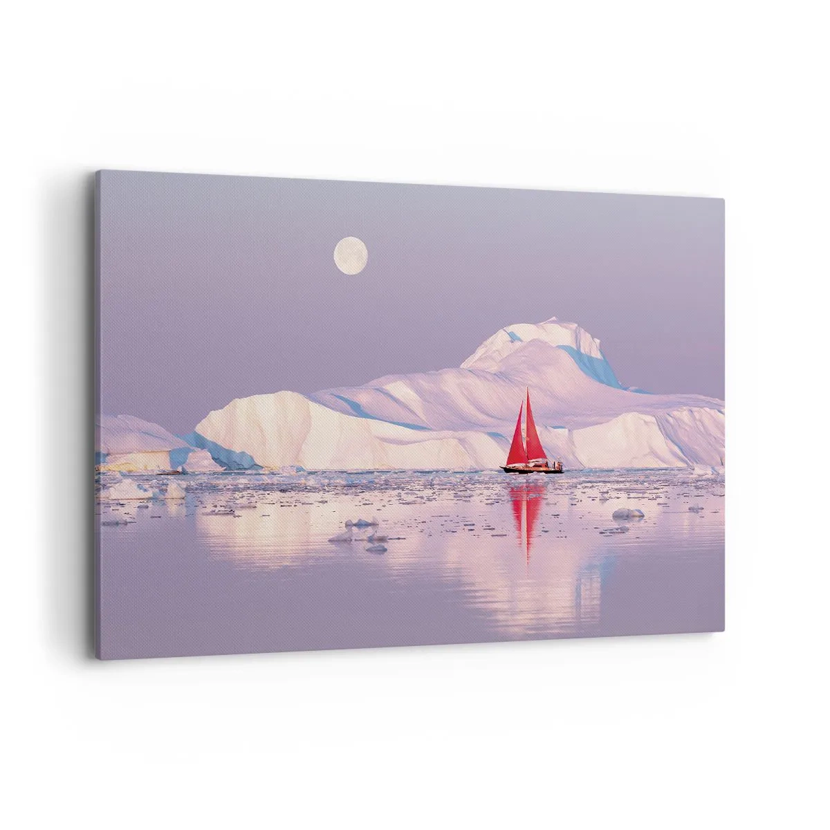 Bild auf Leinwand - Leinwandbild - Ein rotes Segel vor der Kulisse eisiger Berge und eines Vollmonds. - 120x80cm - Die Hitze des Segels, die Kälte des Eises - Moderne Wanddekoration für Wohnzimmer und Schlafzimmer ARTTOR