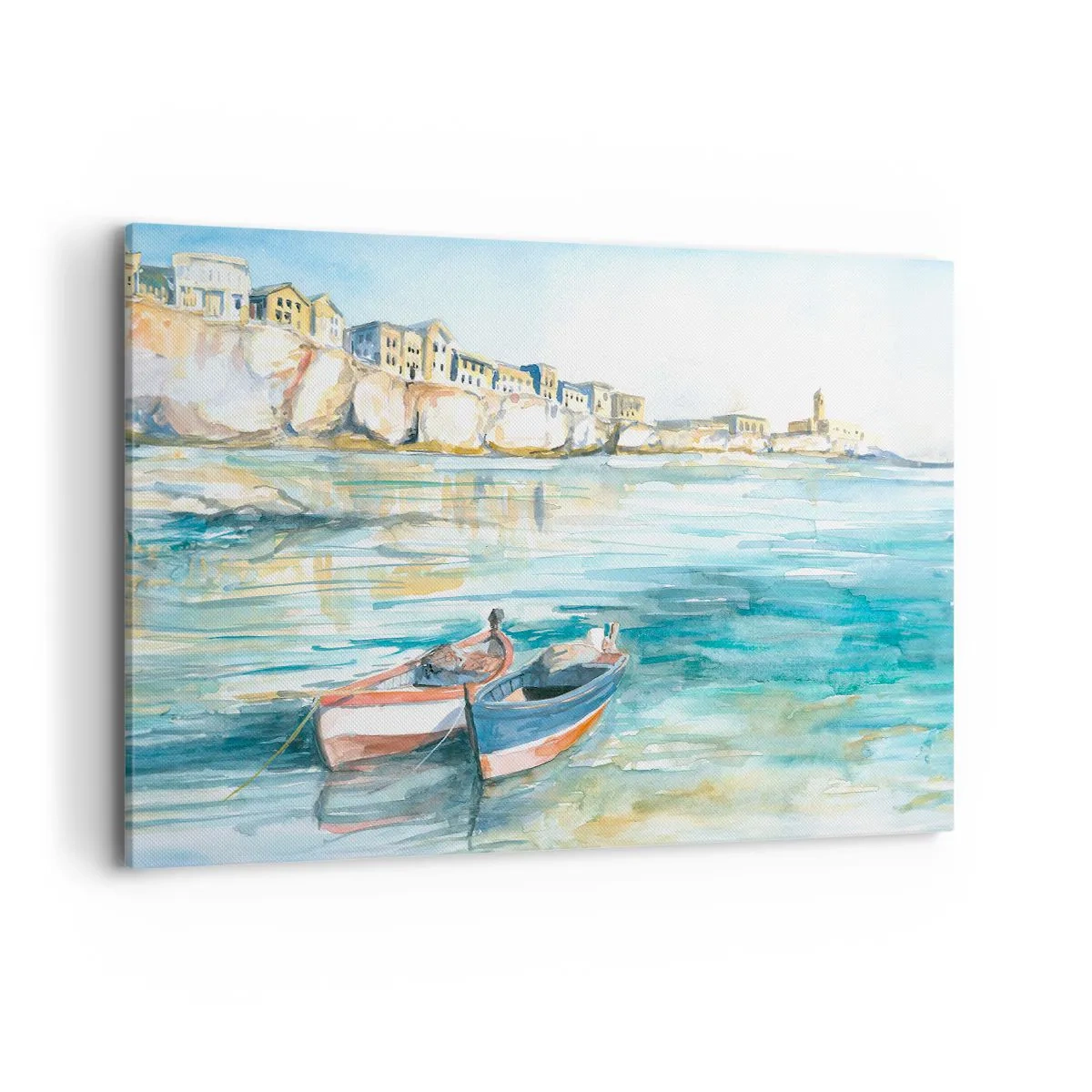 Bild auf Leinwand - Leinwandbild - Eine malerische Küstenlandschaft mit Booten auf dem Wasser - 120x80cm - Landschaft in Azurblau - Moderne Wanddekoration für Wohnzimmer und Schlafzimmer ARTTOR