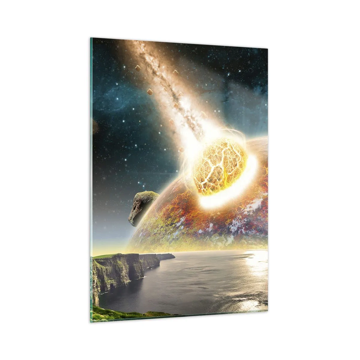 Glasbild - Bild auf glas - Ein Meteorit kollidiert im Weltraum mit einem Planeten. - 50x70cm - Kosmisches Drama - Moderne Wanddekoration für Wohnzimmer und Schlafzimmer ARTTOR