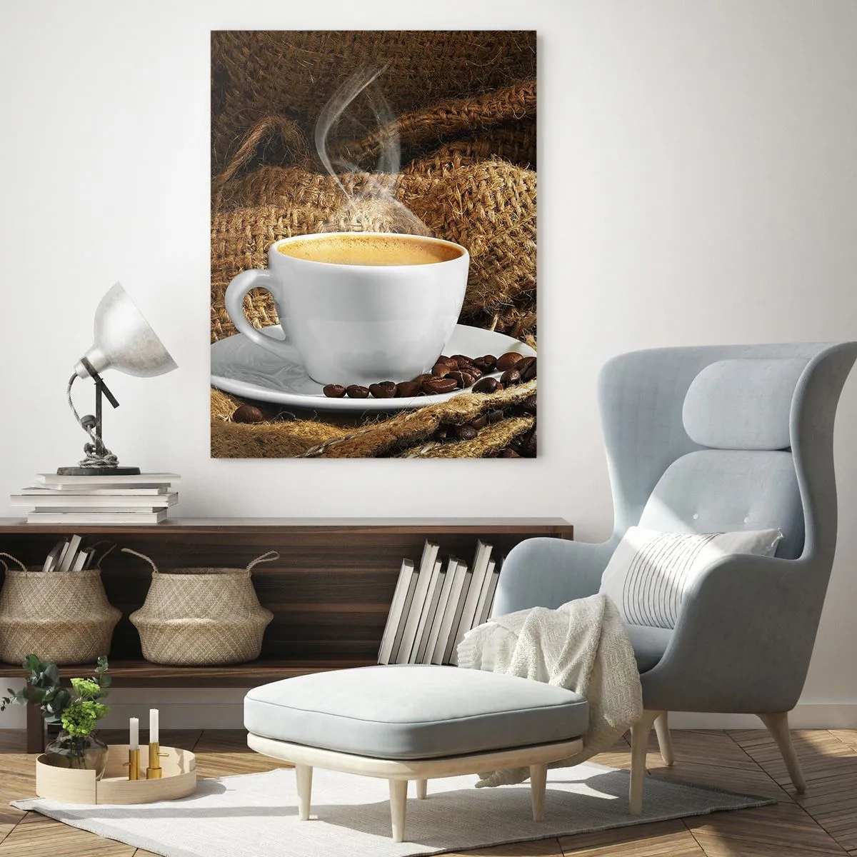 Glasbild - Bild auf glas - Eine Tasse Kaffee, umgeben von einer Tüte Kaffeebohnen - 80x120cm - Der Geruch von Mokka und die Dicke der Honigflüssigkeit - Moderne Wanddekoration für Wohnzimmer und Schlafzimmer ARTTOR