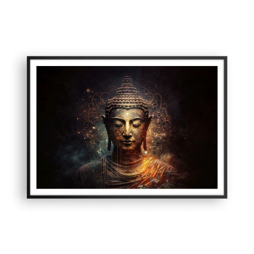 Poster in einem schwarzem Rahmen - Goldener Buddha auf dunklem Hintergrund mit Ornamenten - 100x70cm - Spirituelles Gleichgewicht - Moderne Wanddekoration für Wohnzimmer und Schlafzimmer ARTTOR