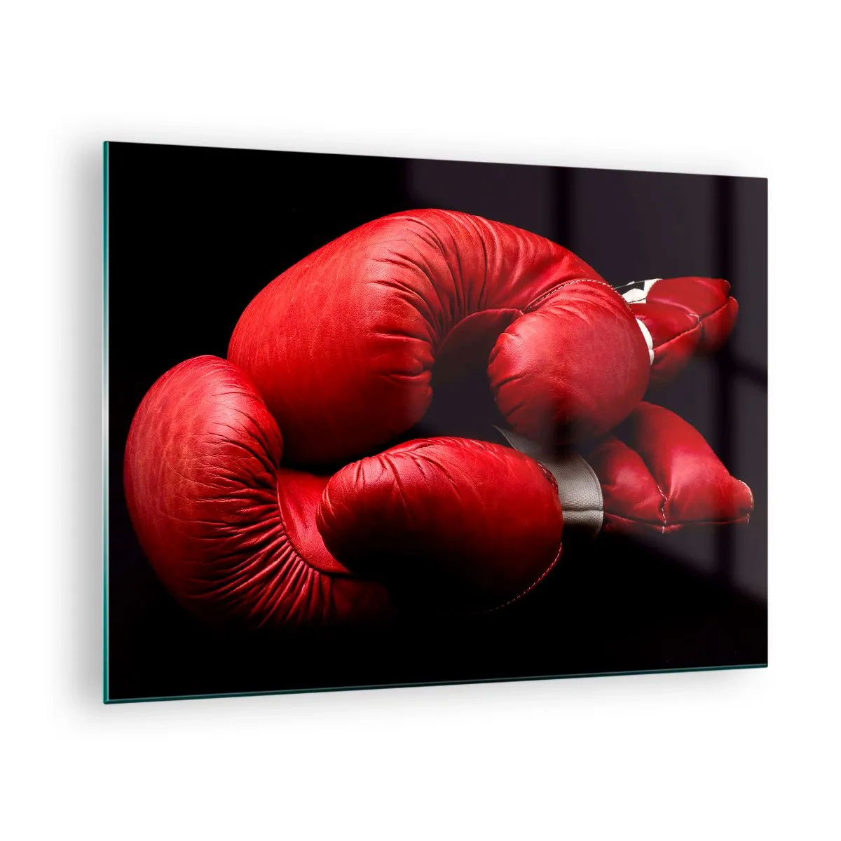 Glasbild - Bild auf glas - Rote Boxhandschuhe auf schwarzem Hintergrund - 70x50cm - Die Emotionen des Kampfes liegen hinter uns - Moderne Wanddekoration für Wohnzimmer und Schlafzimmer ARTTOR
