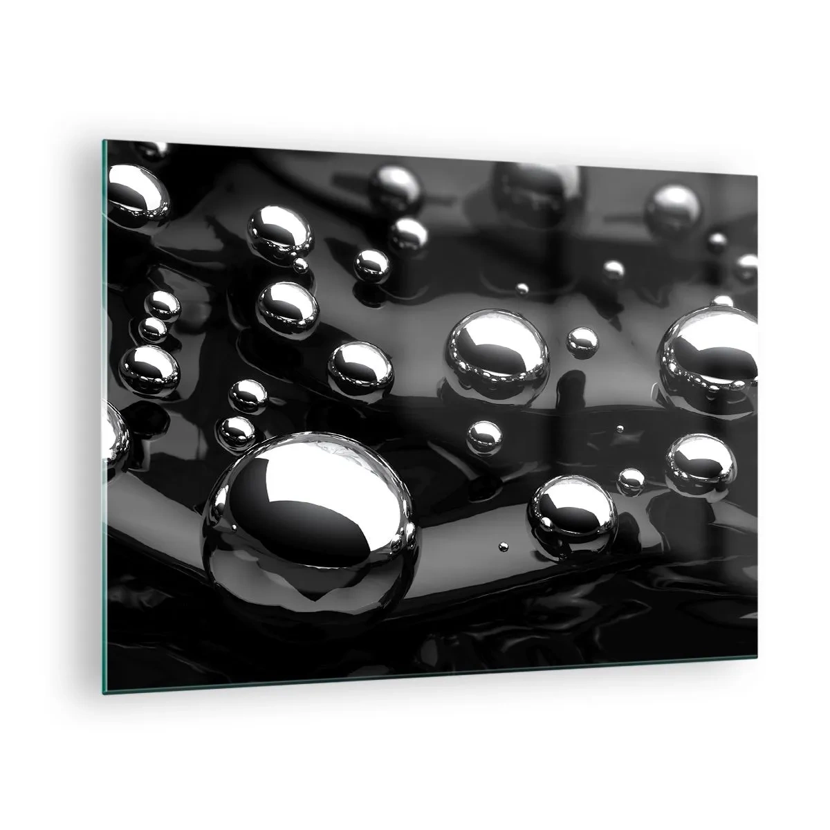 Glasbild - Bild auf glas - Metallische Tropfen auf einer schwarzen Oberfläche - 70x50cm - Aus der schwarzen Wassertiefe - Moderne Wanddekoration für Wohnzimmer und Schlafzimmer ARTTOR