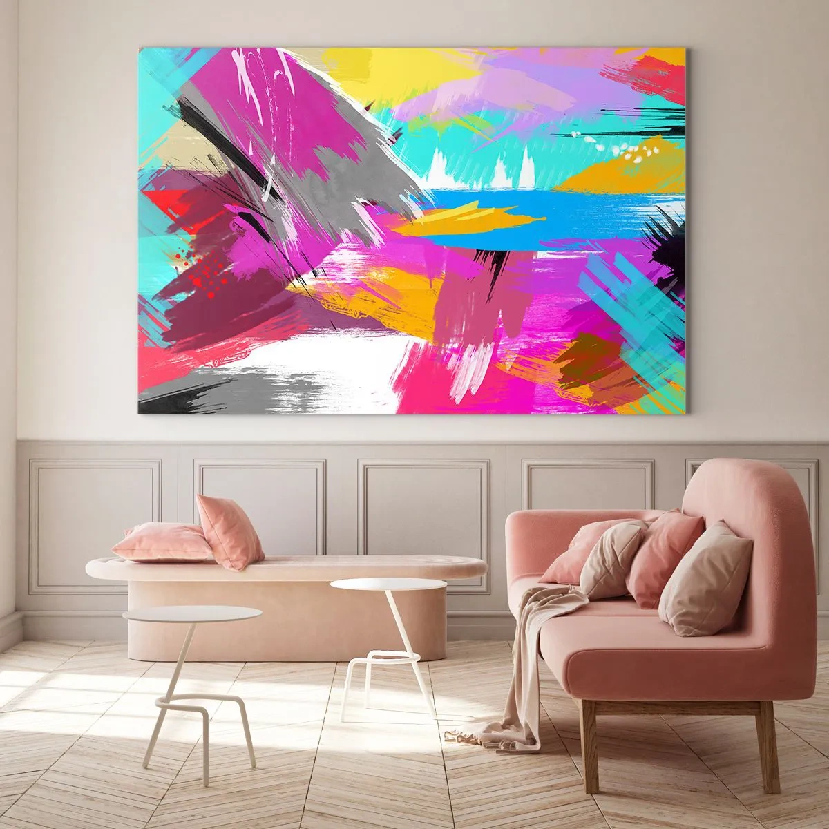 Glasbild - Bild auf glas - Farbenfrohe Abstraktion mit dynamischen Pinselstrichen - 70x50cm - Und nochmal und nochmal und nochmal wieder - Moderne Wanddekoration für Wohnzimmer und Schlafzimmer ARTTOR