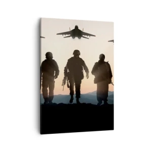 Bild auf Leinwand - Leinwandbild - Silhouetten von Soldaten und Kampfjets vor dem Hintergrund des Sonnenuntergangs - 50x70cm - Willkommen in unserer Welt - Moderne Wanddekoration für Wohnzimmer und Schlafzimmer ARTTOR