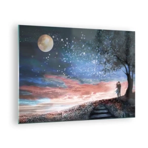 Glasbild - Bild auf glas - Ein verliebtes Paar unter einem Baum mit Mond und Sternen - 70x50cm - Ein sternenklares Spektakel - Moderne Wanddekoration für Wohnzimmer und Schlafzimmer ARTTOR
