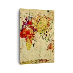 Bild auf Leinwand - Leinwandbild - Eine farbenfrohe, künstlerische Interpretation der Weltkarte - 70x100cm - Leben wie buntes Kartenpapier - Moderne Wanddekoration für Wohnzimmer und Schlafzimmer ARTTOR