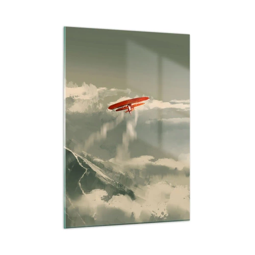 Glasbild - Bild auf glas - Ein rotes Flugzeug fliegt über schneebedeckte Berge - 50x70cm - Furchtloser Pionier - Moderne Wanddekoration für Wohnzimmer und Schlafzimmer ARTTOR
