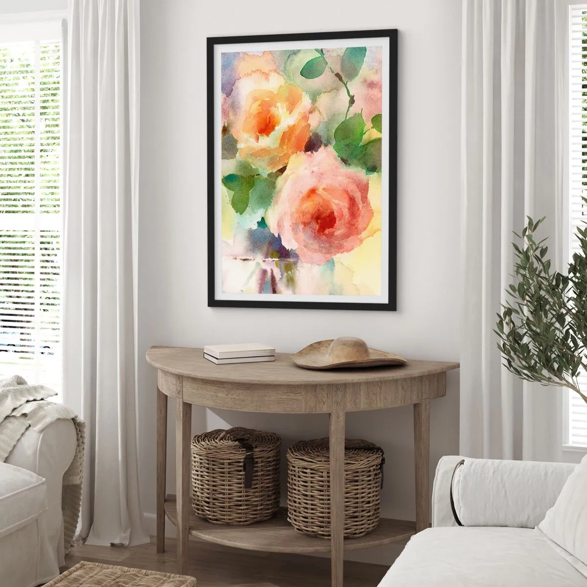 Poster in einem schwarzem Rahmen - Aquarellblumen in Pastellfarben - 50x70cm - Zart wie Aquarell - Moderne Wanddekoration für Wohnzimmer und Schlafzimmer ARTTOR