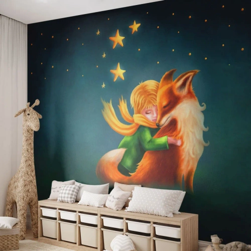 Fototapete Premium Sand - Ein Junge mit einem Fuchs vor dem Hintergrund des Nachthimmels und der Sterne - 100x70cm - Kleiner Prinz - Moderne Wanddekoration für Wohnzimmer und Schlafzimmer ARTTOR