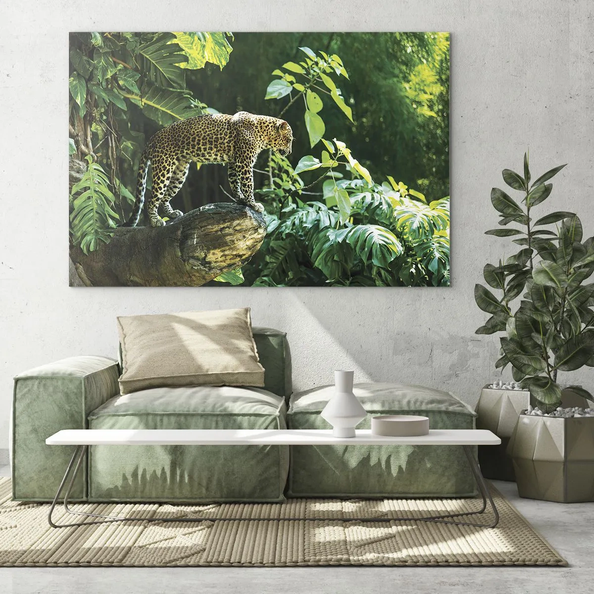 Glasbild - Bild auf glas - Leopard auf einem Felsen im tropischen Dschungel - 100x70cm - Auf die Jagd? - Moderne Wanddekoration für Wohnzimmer und Schlafzimmer ARTTOR