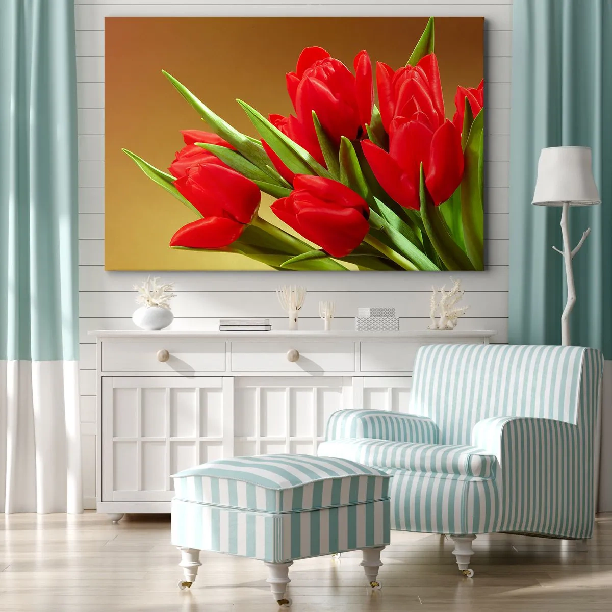 Bild auf Leinwand - Leinwandbild - Ein Strauß roter Tulpen auf goldenem Hintergrund mit grünen Blättern. - 70x50cm - Ein Haufen Frühlingsfreude - Moderne Wanddekoration für Wohnzimmer und Schlafzimmer ARTTOR