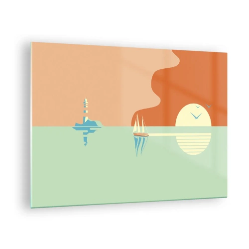 Glasbild - Bild auf glas - Ein minimalistischer Sonnenuntergang mit einem Segelboot und einem Leuchtturm - 70x50cm - Die perfekte Meereslandschaft - Moderne Wanddekoration für Wohnzimmer und Schlafzimmer ARTTOR