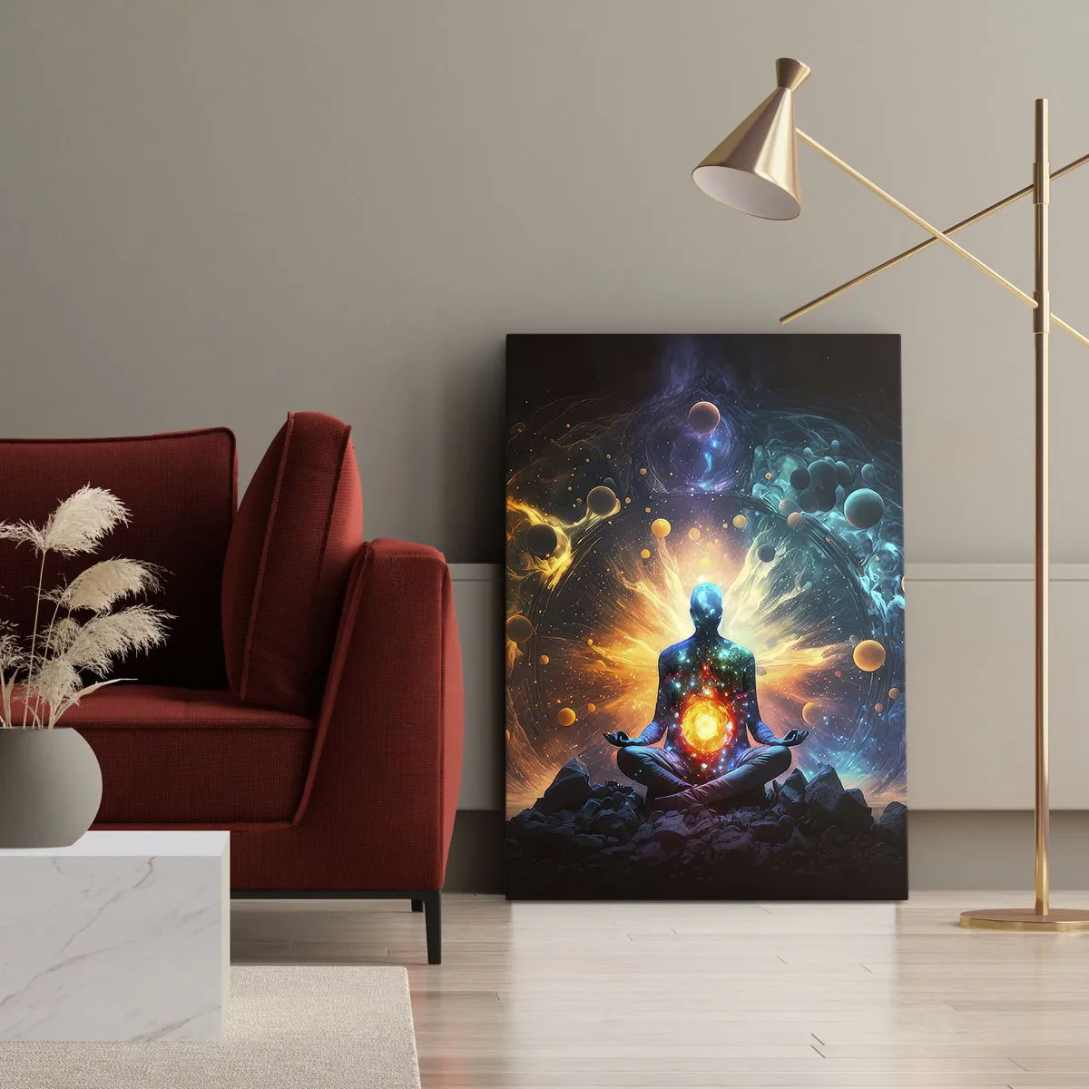 Bild auf Leinwand - Leinwandbild - Eine meditierende Figur, umgeben von einer kosmischen Aura - 70x100cm - Kosmischer Frieden - Moderne Wanddekoration für Wohnzimmer und Schlafzimmer ARTTOR