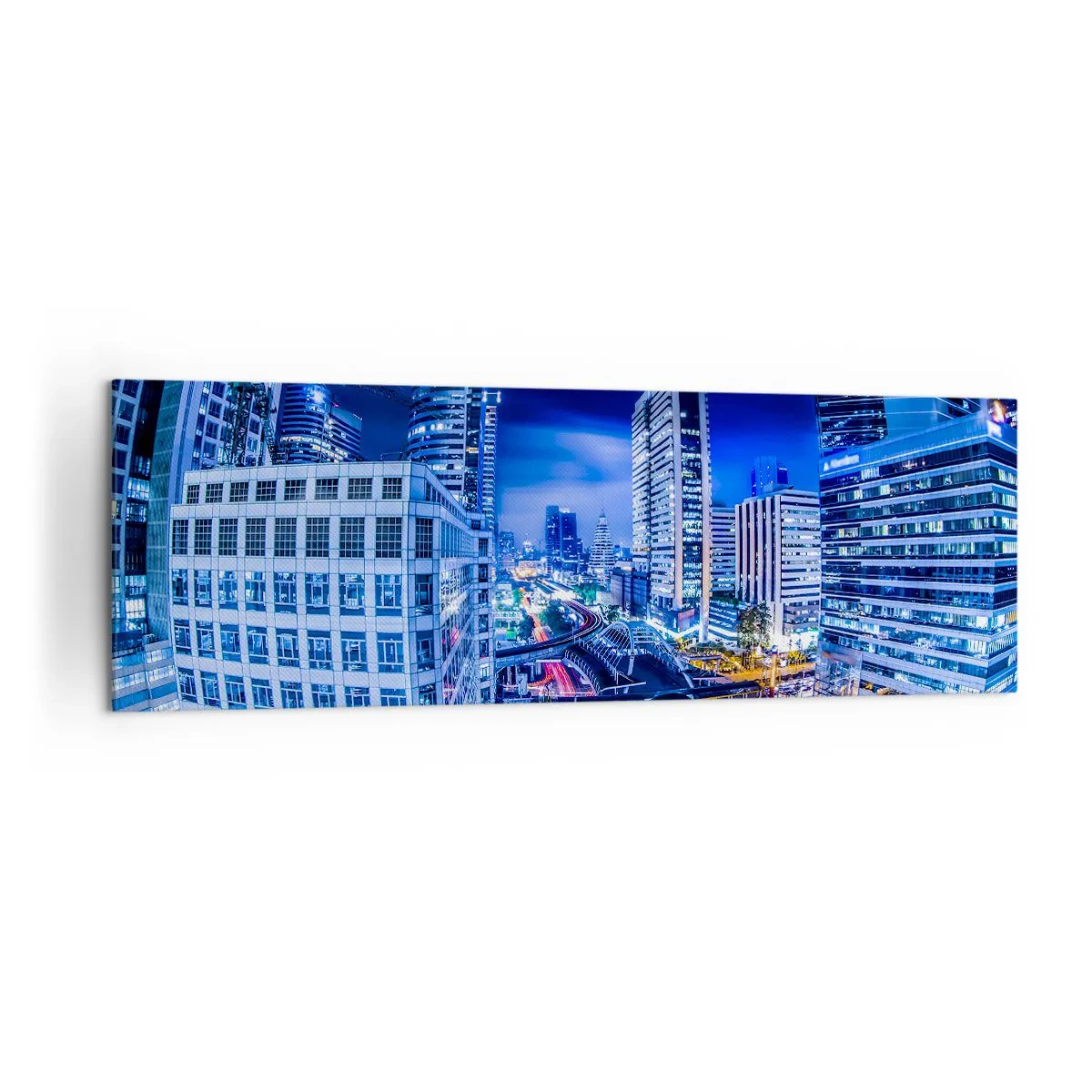 Bild auf Leinwand - Leinwandbild - Nachtstadtpanorama mit Wolkenkratzern und Straßenlaternen - 160x50cm - Rhythmen der Nachtstadt - Moderne Wanddekoration für Wohnzimmer und Schlafzimmer ARTTOR