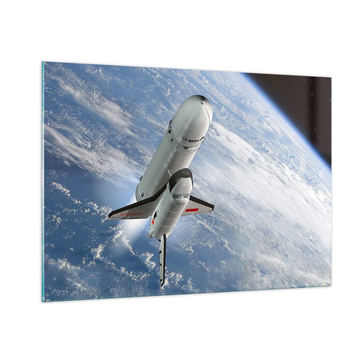 Glasbild - Bild auf glas - Ein Space Shuttle startet ins All, im Hintergrund die Erde. - 100x70cm - Kosmischer Aufstieg - Moderne Wanddekoration für Wohnzimmer und Schlafzimmer ARTTOR