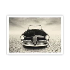 Poster - Ein Oldtimer auf einem Kopfsteinpflasterplatz im monochromen Stil - 100x70cm - Man muss mich einfach lieben - Moderne Wanddekoration für Wohnzimmer und Schlafzimmer ARTTOR