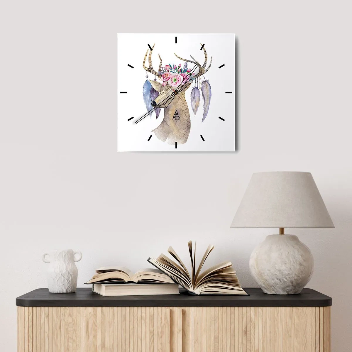 Wanduhr - Glasuhr - Romantische Hirschgrafik mit Blumen und Federn - 30x30cm - Seelenführer - sanft, unschuldig - Moderne Wanddekoration für Wohnzimmer und Schlafzimmer ARTTOR