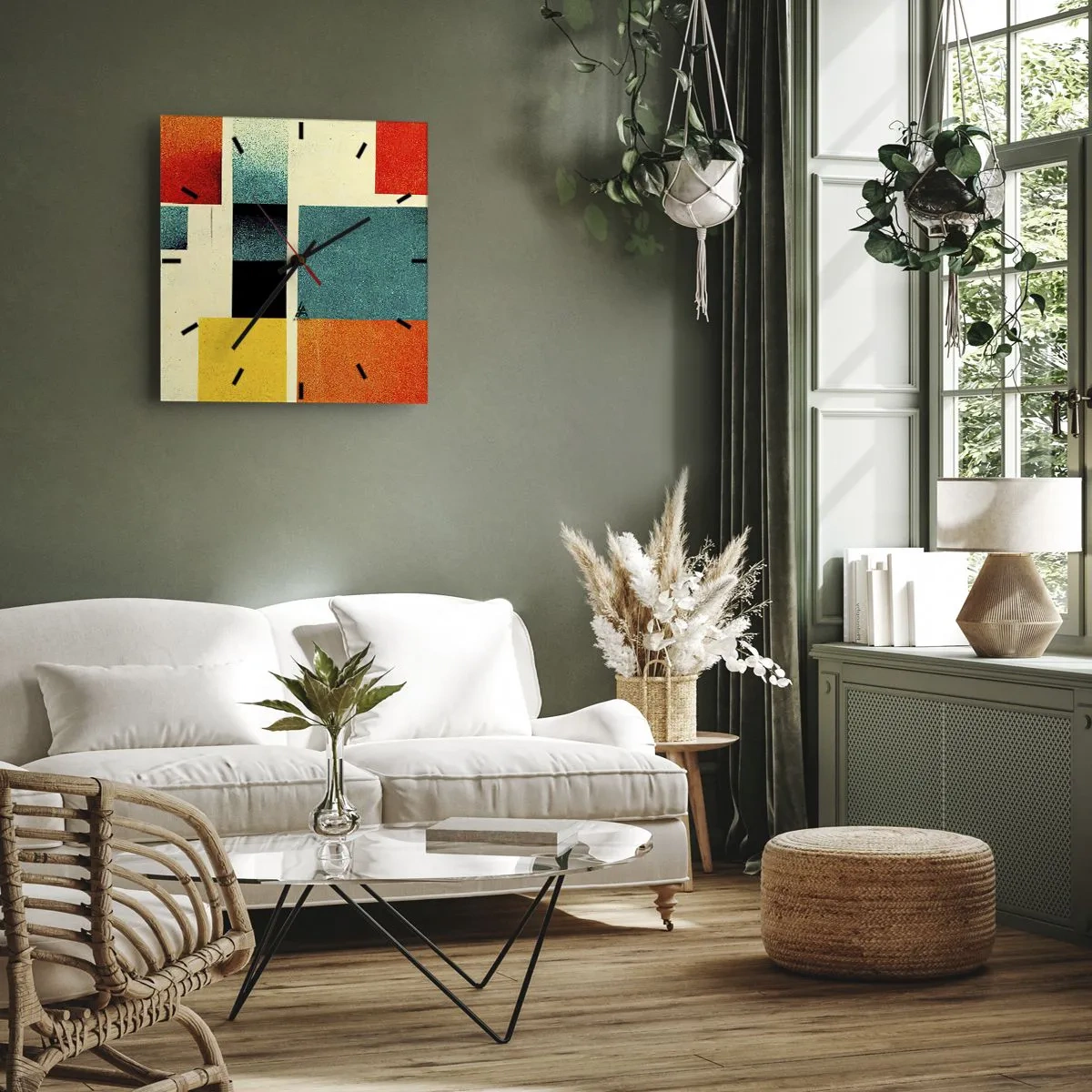 Wanduhr - Glasuhr - Geometrische Abstraktion mit farbigen Rechtecken und Quadraten - 30x30cm - Geometrische Abstraktion – gute Energie - Moderne Wanddekoration für Wohnzimmer und Schlafzimmer ARTTOR