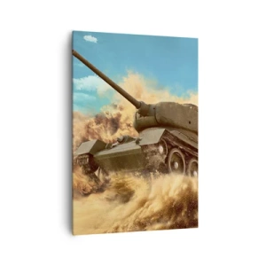 Bild auf Leinwand - Leinwandbild - Ein Panzer im Einsatz in der Wüste, umgeben von Sandstaub. - 70x100cm - Nicht zu besiegen - Moderne Wanddekoration für Wohnzimmer und Schlafzimmer ARTTOR