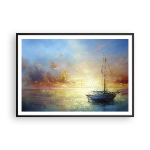 Poster in einem schwarzem Rahmen - Eine Yacht auf ruhigem Meer bei Sonnenuntergang - 100x70cm - In einer goldenen Bucht - Moderne Wanddekoration für Wohnzimmer und Schlafzimmer ARTTOR